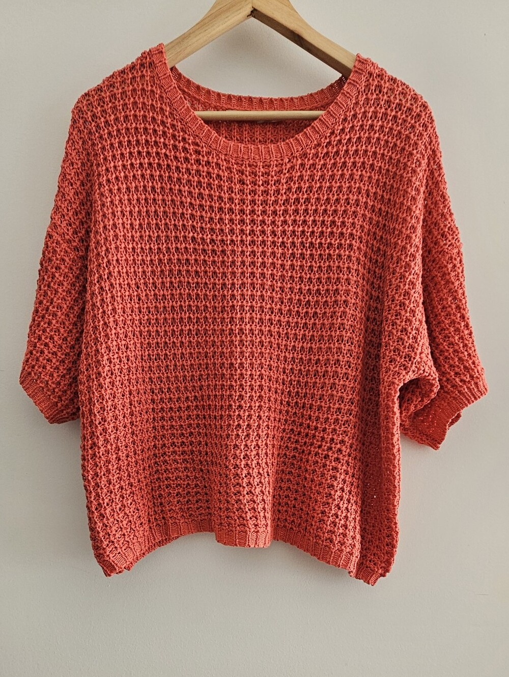ESQUALO Coral Open-Weave Short Sleeve Crewneck Sweater Size L